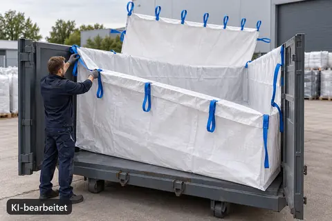 Containerbag BB750, 750 × 240 × 240 cm, im Einsatz (KI-bearbeitetes Bild)