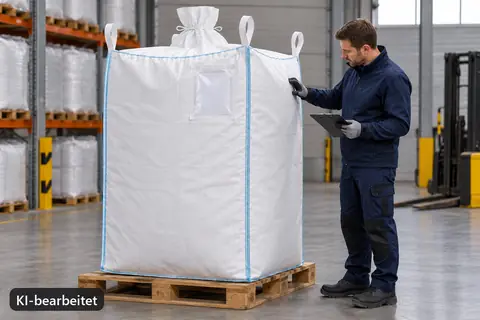 Spezial-Big-Bag BBS002, 99 × 99 × 165 cm, im Einsatz (KI-bearbeitetes Bild)