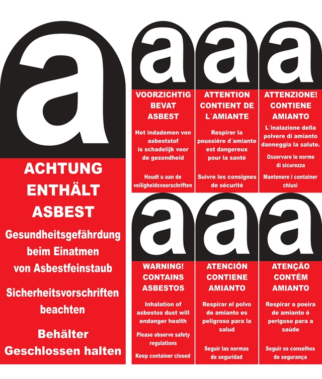 Asbest-Warndruck: großes Warnzeichen a mit deutschem Text und sechs Sprachfeldern in Rot und Schwarz