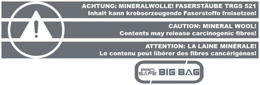 Mineralwolle-Warndruck: Warndreieck mit Ausrufezeichen und dreisprachiger Text in Grau