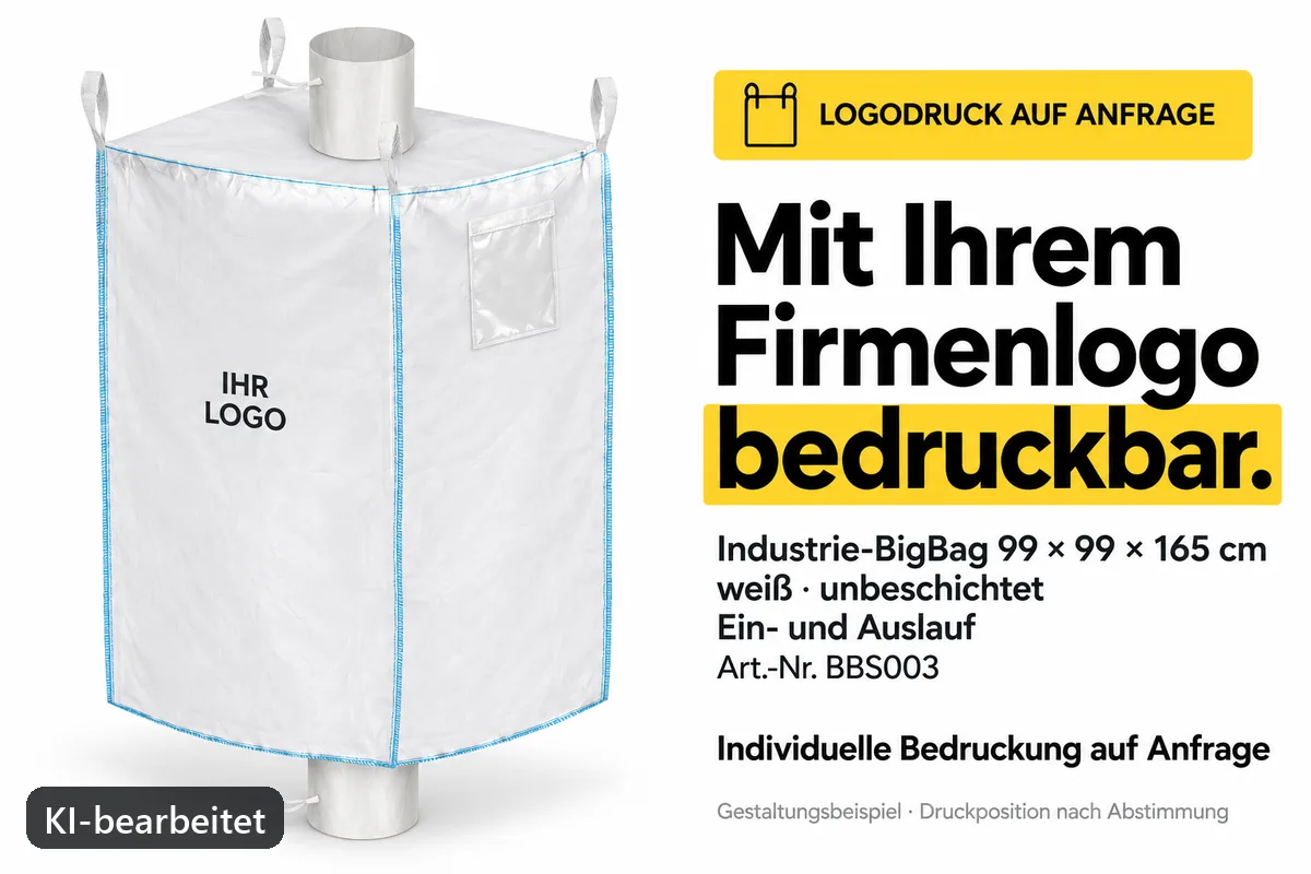 Spezial-Big-Bag BBS003 mit Firmenlogo bedruckt, KI-bearbeitetes Gestaltungsbeispiel