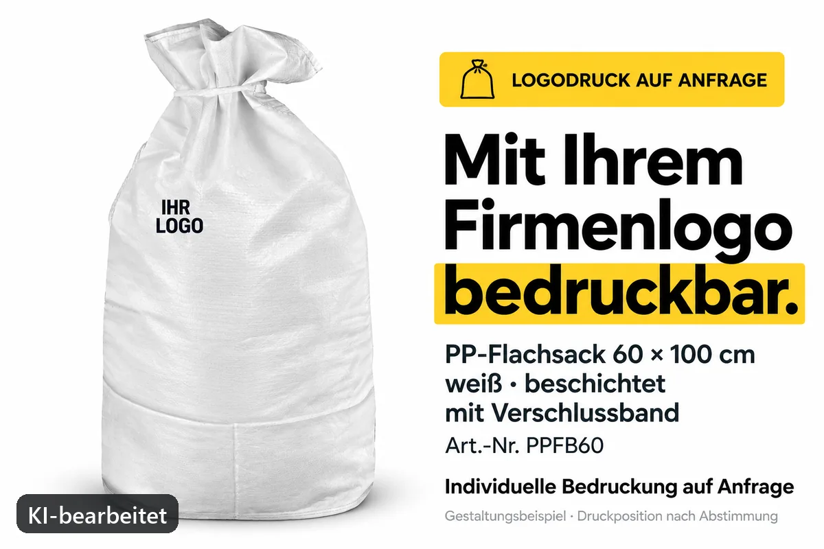 PP-Flachsack PPFB60 mit Firmenlogo bedruckt, KI-bearbeitetes Gestaltungsbeispiel