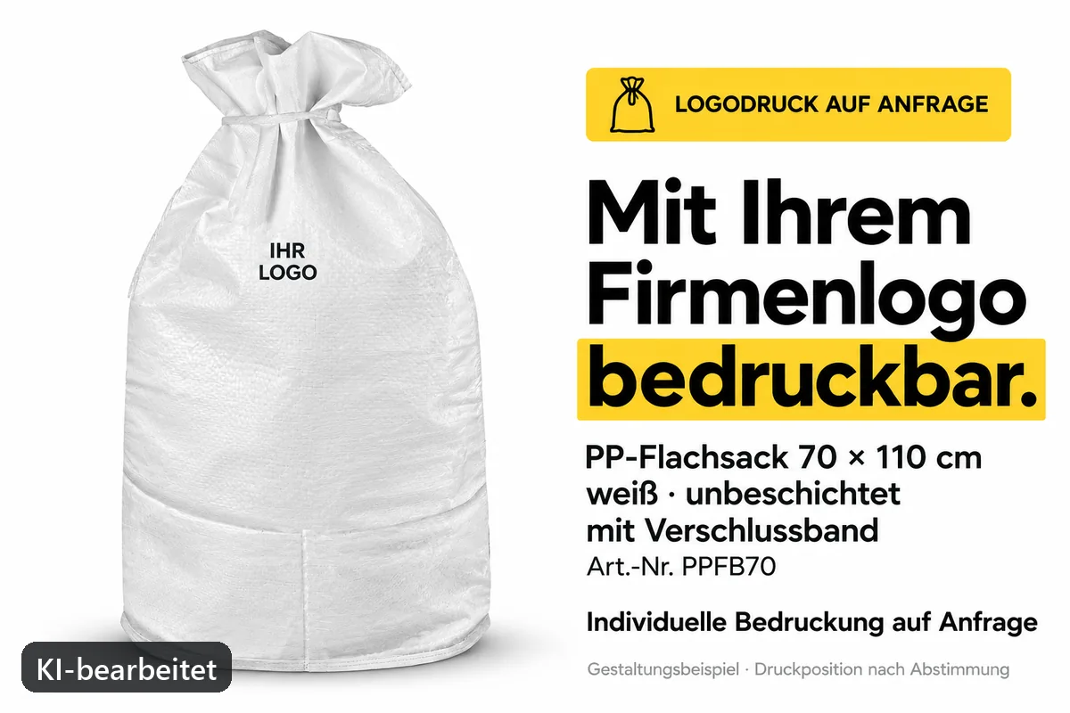 PP-Flachsack PPFB70 mit Firmenlogo bedruckt, KI-bearbeitetes Gestaltungsbeispiel