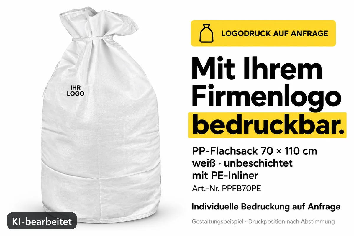 PP-Flachsack PPFB70PE mit Firmenlogo bedruckt, KI-bearbeitetes Gestaltungsbeispiel
