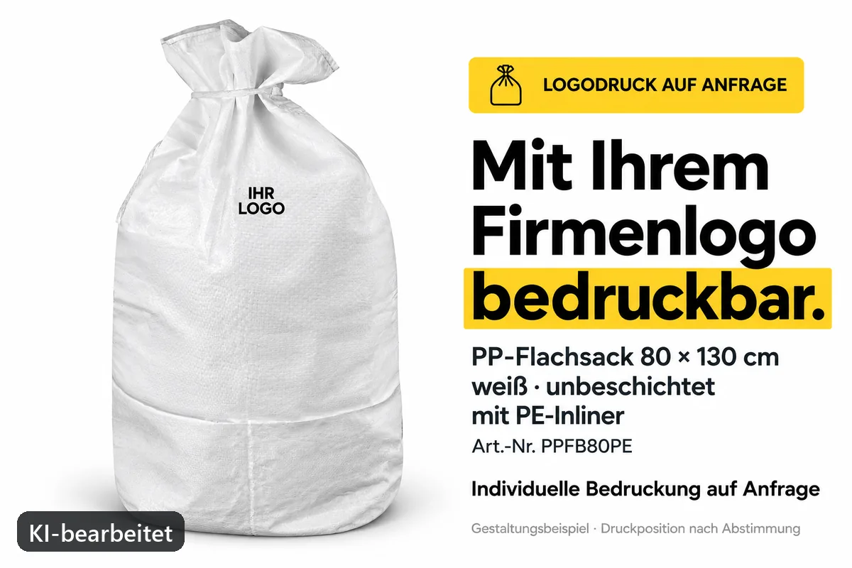 PP-Flachsack PPFB80PE mit Firmenlogo bedruckt, KI-bearbeitetes Gestaltungsbeispiel