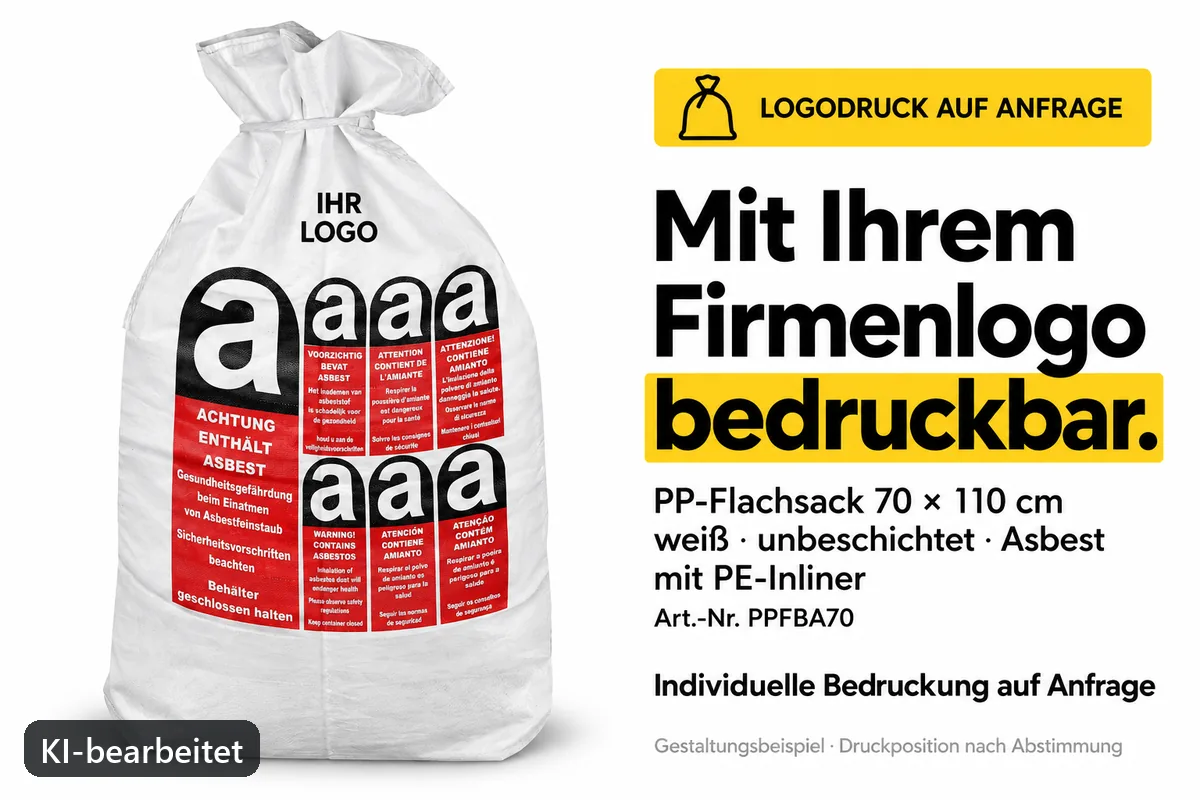 PP-Flachsack PPFBA70 mit Firmenlogo bedruckt, KI-bearbeitetes Gestaltungsbeispiel