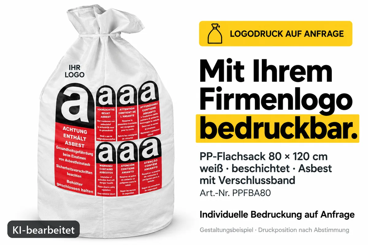 PP-Flachsack PPFBA80 mit Firmenlogo bedruckt, KI-bearbeitetes Gestaltungsbeispiel