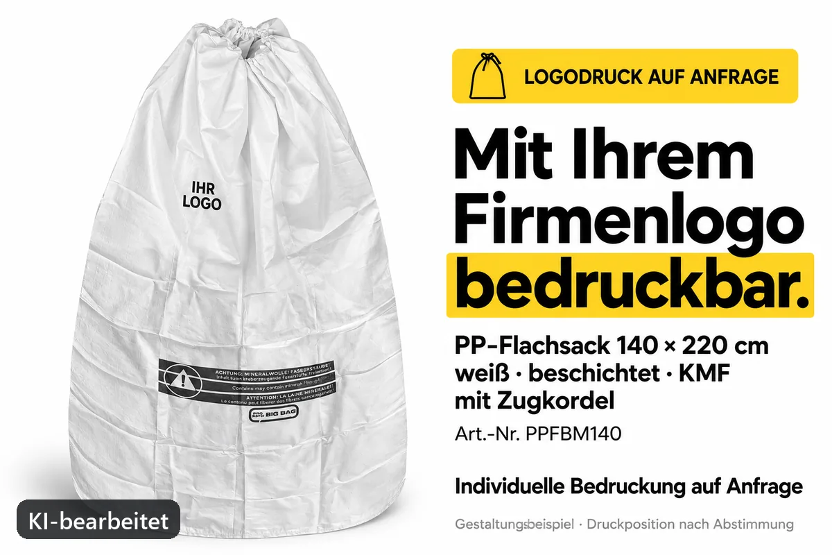 PP-Flachsack PPFBM140 mit Firmenlogo bedruckt, KI-bearbeitetes Gestaltungsbeispiel