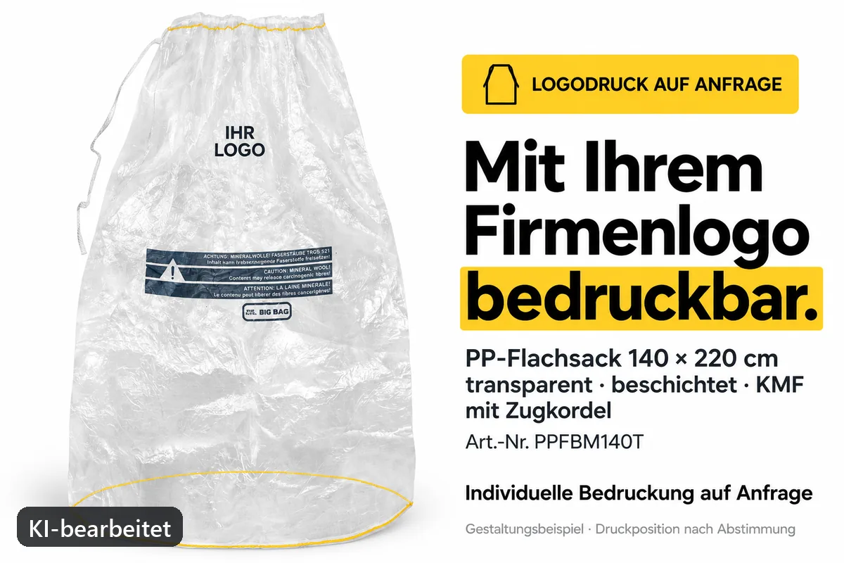 PP-Flachsack PPFBM140T mit Firmenlogo bedruckt, KI-bearbeitetes Gestaltungsbeispiel