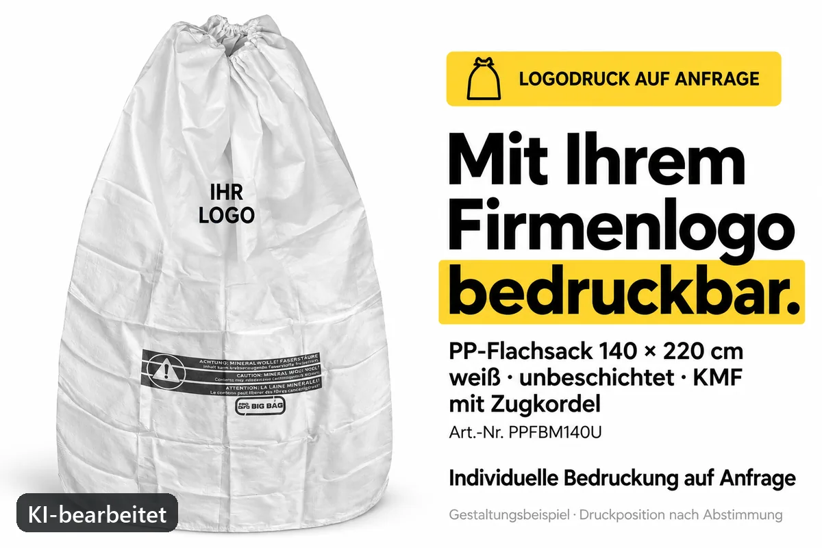 PP-Flachsack PPFBM140U mit Firmenlogo bedruckt, KI-bearbeitetes Gestaltungsbeispiel
