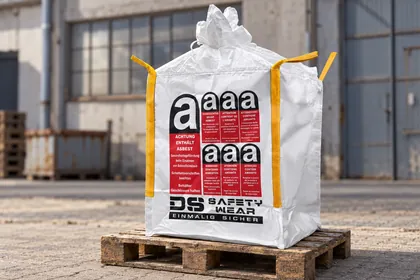 Big bag med varseltrykk for asbest på en pall (AI-redigert bilde)