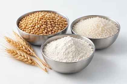 Blé, riz et farine dans des bols en inox (image retouchée par IA)