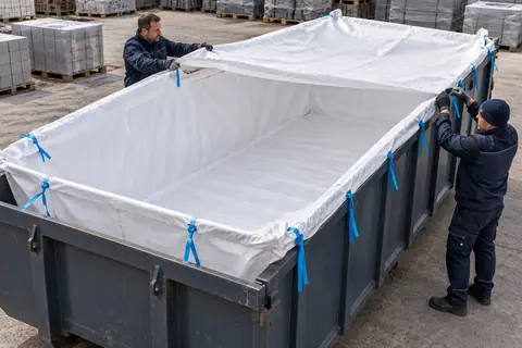 Containerzak BB650, 650 × 240 × 115 cm, in gebruik (met AI bewerkte afbeelding)