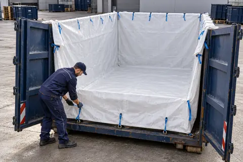 Containerzak BB700, 700 × 240 × 240 cm, in gebruik (met AI bewerkte afbeelding)