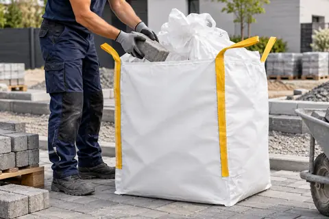 Big bag BB90U, 90 × 90 × 110 cm, in gebruik (met AI bewerkte afbeelding)
