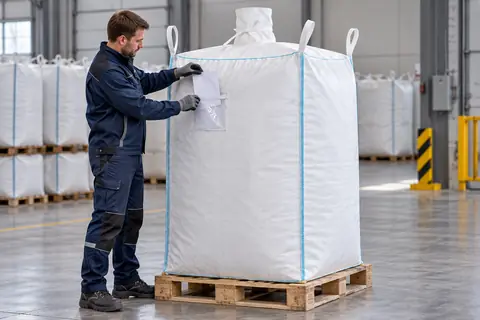 Speciale big bag BBS001, 99 × 99 × 200 cm, in gebruik (met AI bewerkte afbeelding)