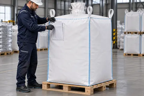 Speciale big bag BBS003, 99 × 99 × 165 cm, in gebruik (met AI bewerkte afbeelding)
