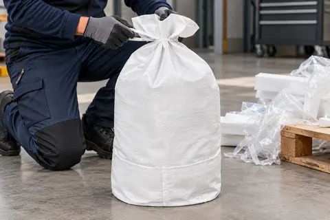 Platte PP-zak PPFB60, 60 × 100 cm, in gebruik (met AI bewerkte afbeelding)