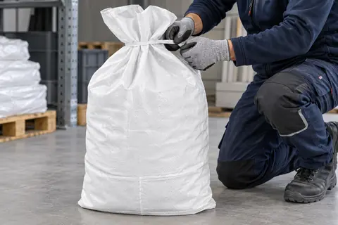 Platte PP-zak PPFB60PE, 60 × 100 cm, in gebruik (met AI bewerkte afbeelding)