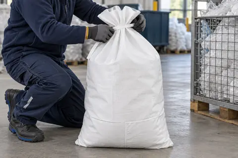 Platte PP-zak PPFB70PE, 70 × 110 cm, in gebruik (met AI bewerkte afbeelding)