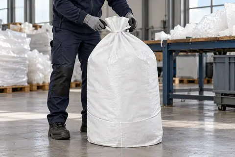 Platte PP-zak PPFB80PE, 80 × 130 cm, in gebruik (met AI bewerkte afbeelding)