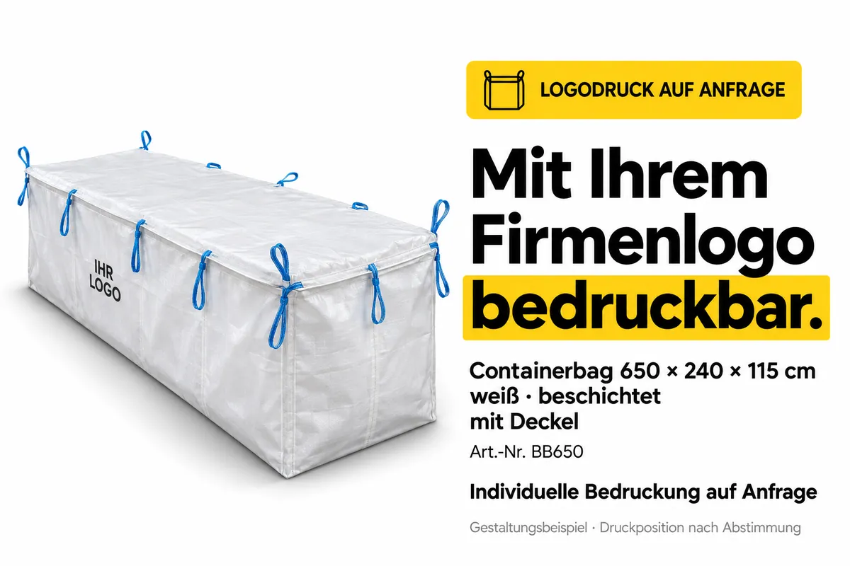 Containerzak BB650 bedrukt met een bedrijfslogo, met AI bewerkt ontwerpvoorbeeld