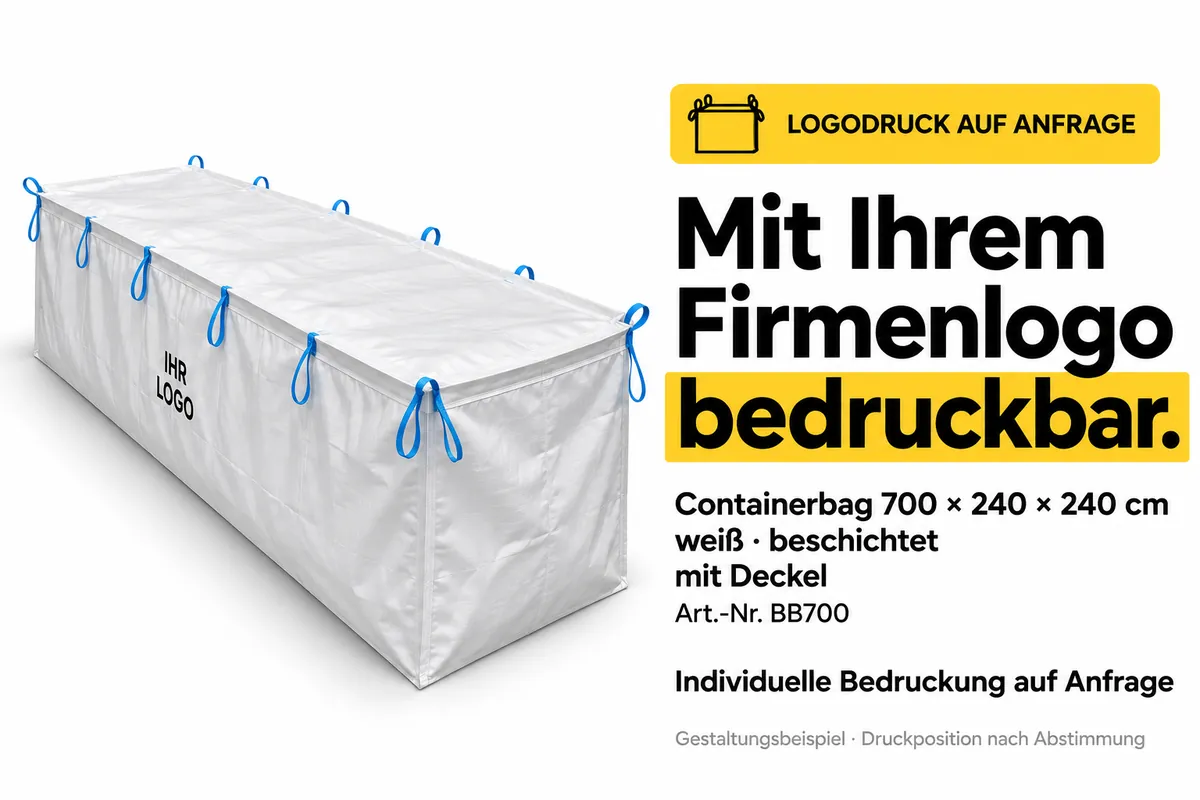 Containerzak BB700 bedrukt met een bedrijfslogo, met AI bewerkt ontwerpvoorbeeld