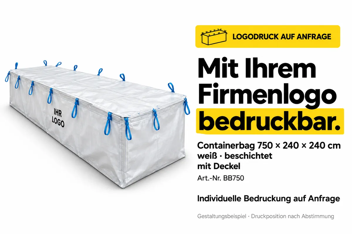 Big bag para contenedor BB750 impreso con el logotipo de una empresa, ejemplo de diseño editado con IA