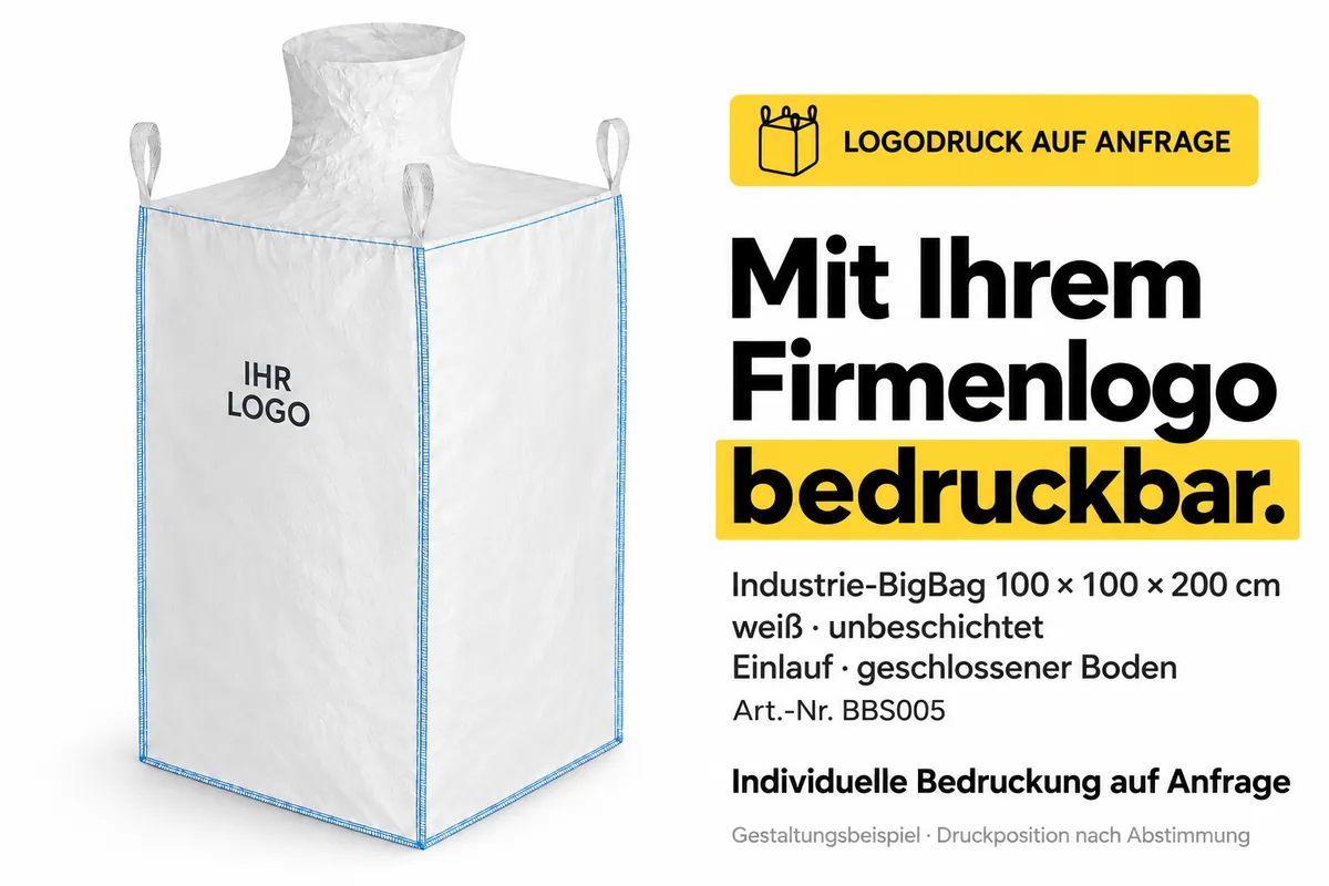 Speciale big bag BBS005 bedrukt met een bedrijfslogo, met AI bewerkt ontwerpvoorbeeld