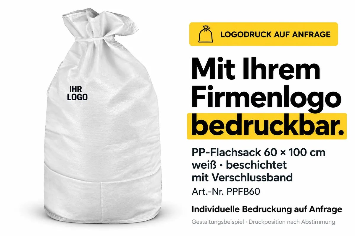 Platte PP-zak PPFB60 bedrukt met een bedrijfslogo, met AI bewerkt ontwerpvoorbeeld