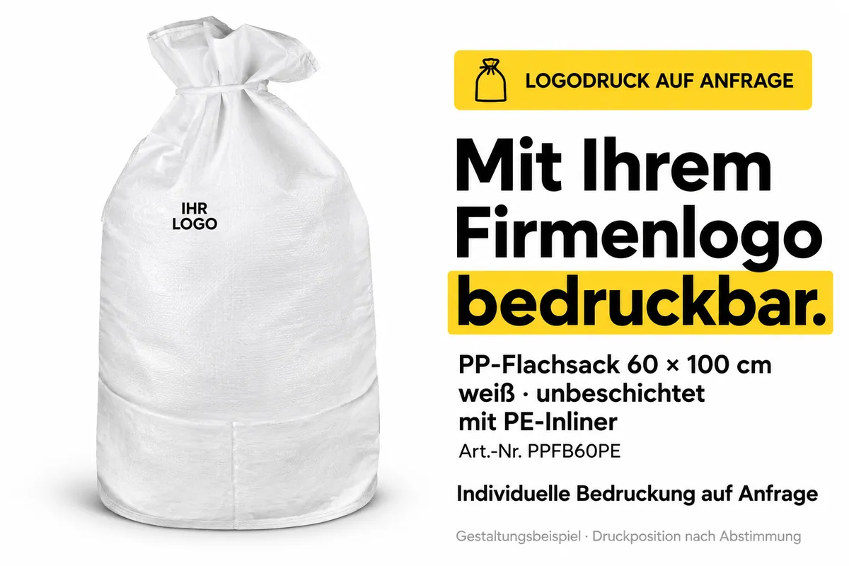 Platte PP-zak PPFB60PE bedrukt met een bedrijfslogo, met AI bewerkt ontwerpvoorbeeld