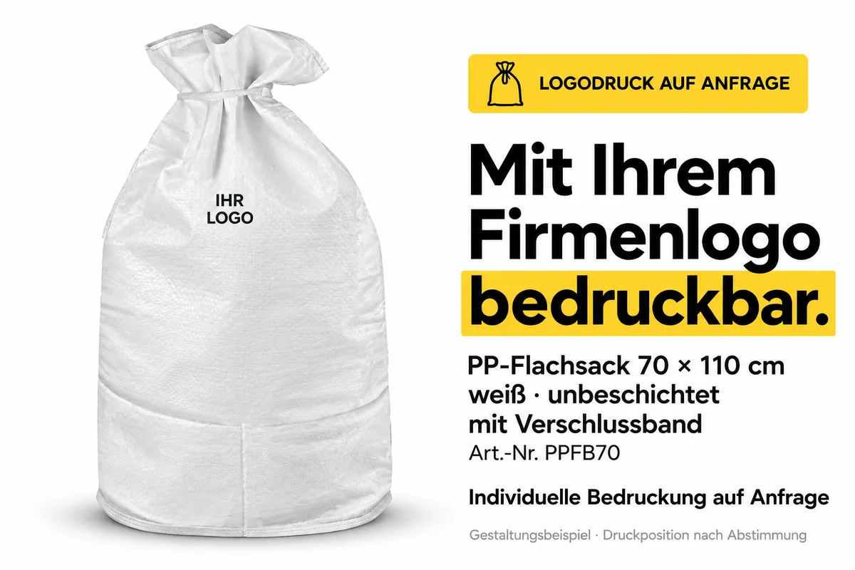 Platte PP-zak PPFB70 bedrukt met een bedrijfslogo, met AI bewerkt ontwerpvoorbeeld