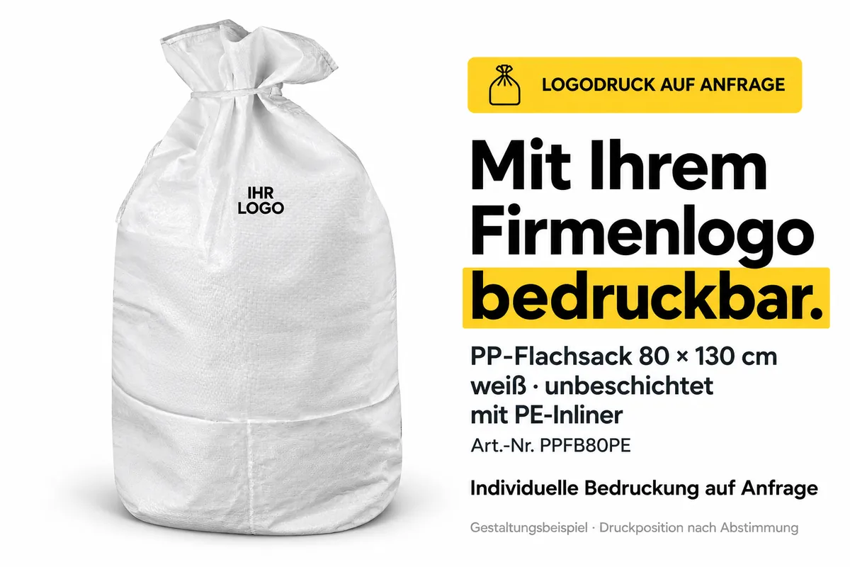 Platte PP-zak PPFB80PE bedrukt met een bedrijfslogo, met AI bewerkt ontwerpvoorbeeld