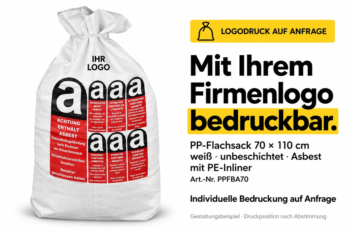 Platte PP-zak PPFBA70 bedrukt met een bedrijfslogo, met AI bewerkt ontwerpvoorbeeld