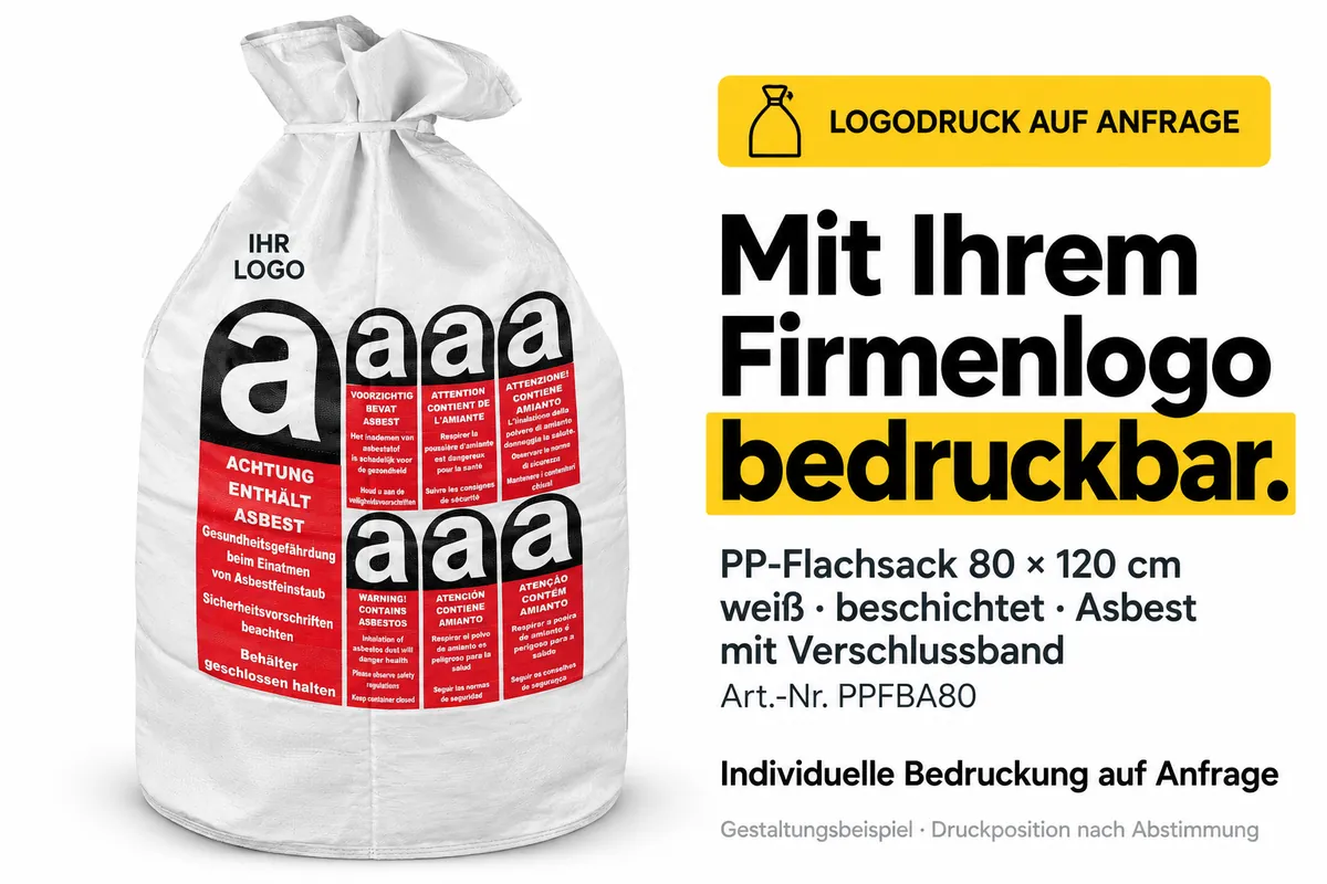 Platte PP-zak PPFBA80 bedrukt met een bedrijfslogo, met AI bewerkt ontwerpvoorbeeld