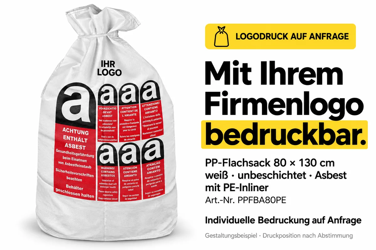 Flad PP-sæk PPFBA80PE påtrykt firmalogo, AI-redigeret designeksempel
