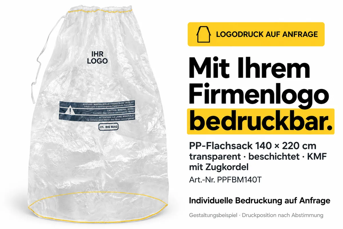 Flad PP-sæk PPFBM140T påtrykt firmalogo, AI-redigeret designeksempel