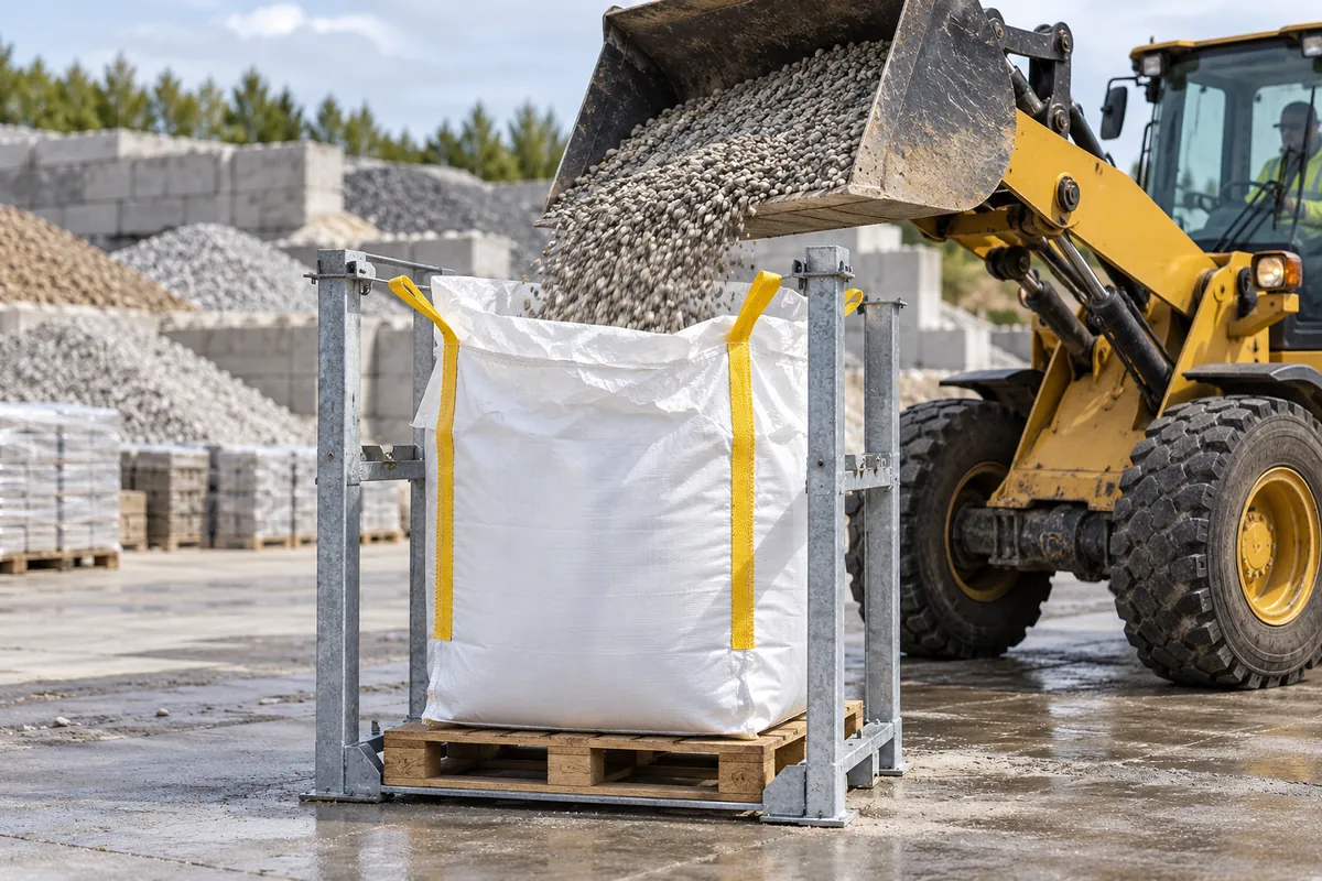 Gecontroleerd vullen van een big bag met mineraal stortgoed (met AI bewerkte afbeelding)