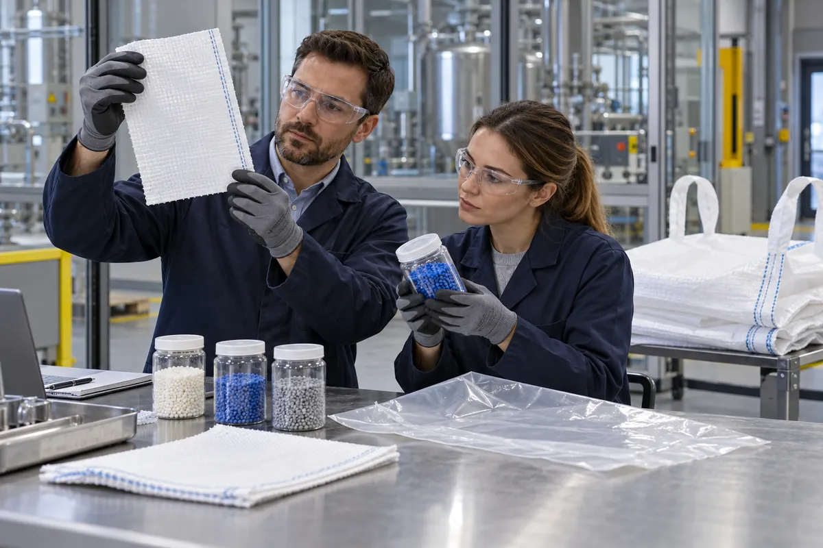 Dos especialistas examinan muestras de tejido y liner para un proceso industrial (imagen editada con IA)