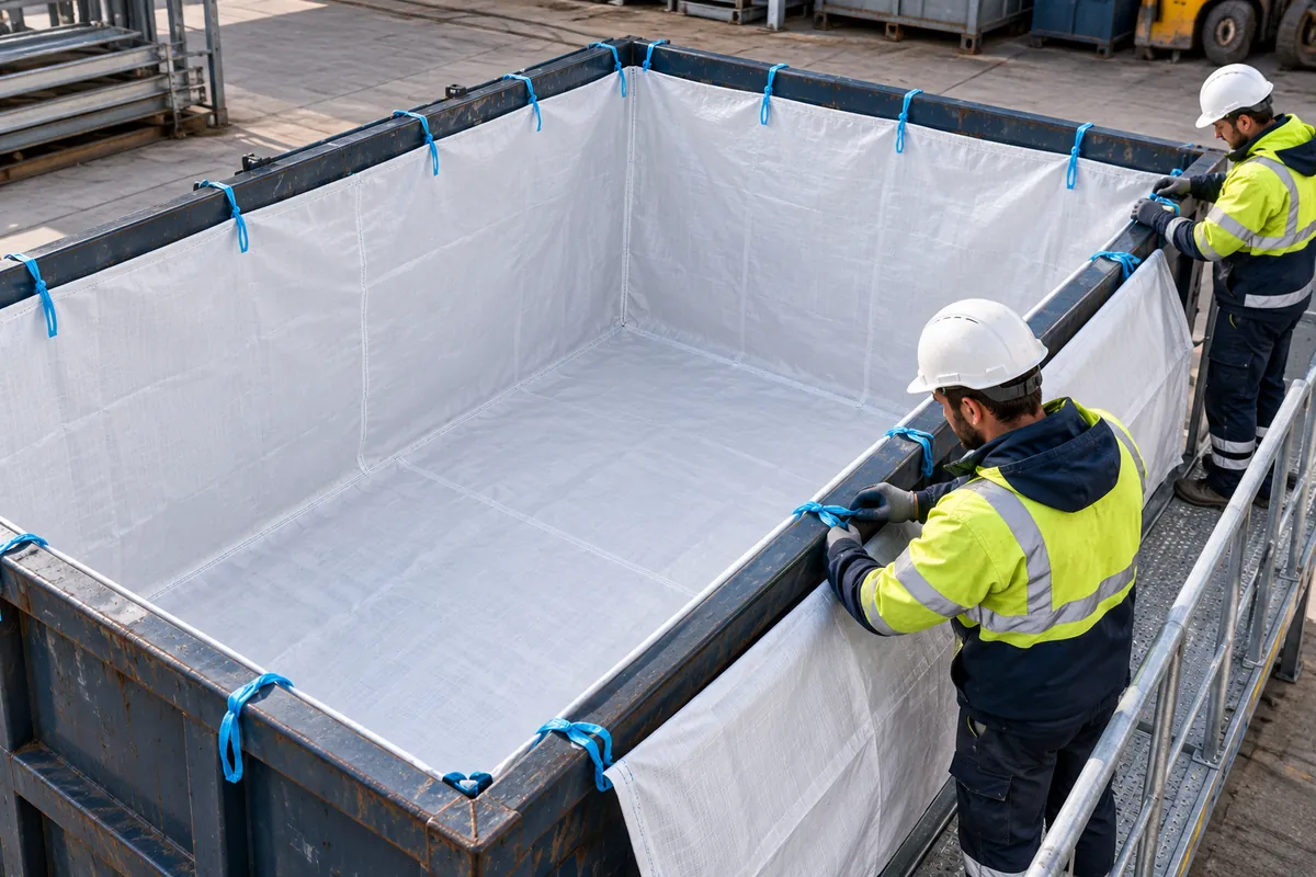 Een lege afzetcontainer krijgt zijn textiele bekleding (met AI bewerkte afbeelding)