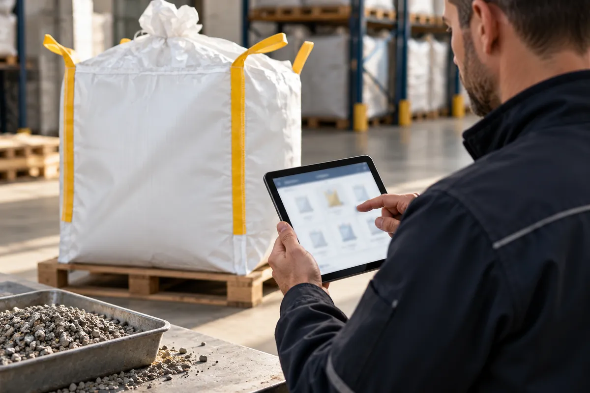 Un empleado usa una tableta para elegir el producto junto a un big bag (imagen editada con IA)