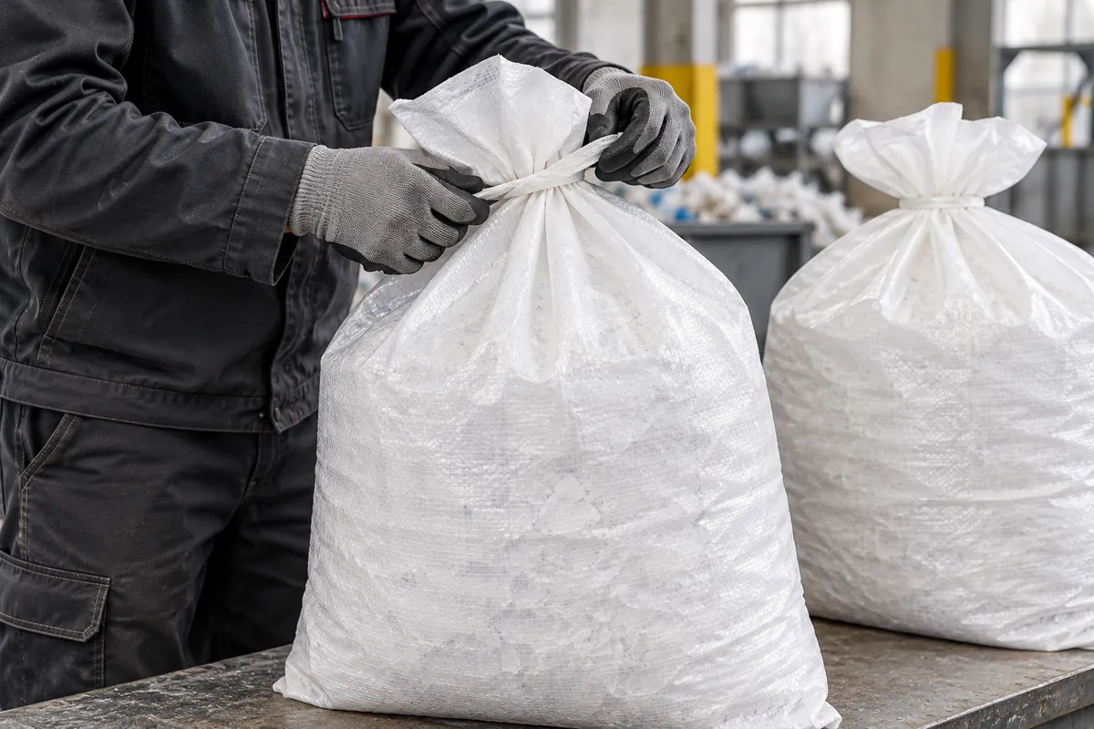 Een gevulde platte PP-zak wordt met de hand dichtgebonden (met AI bewerkte afbeelding)