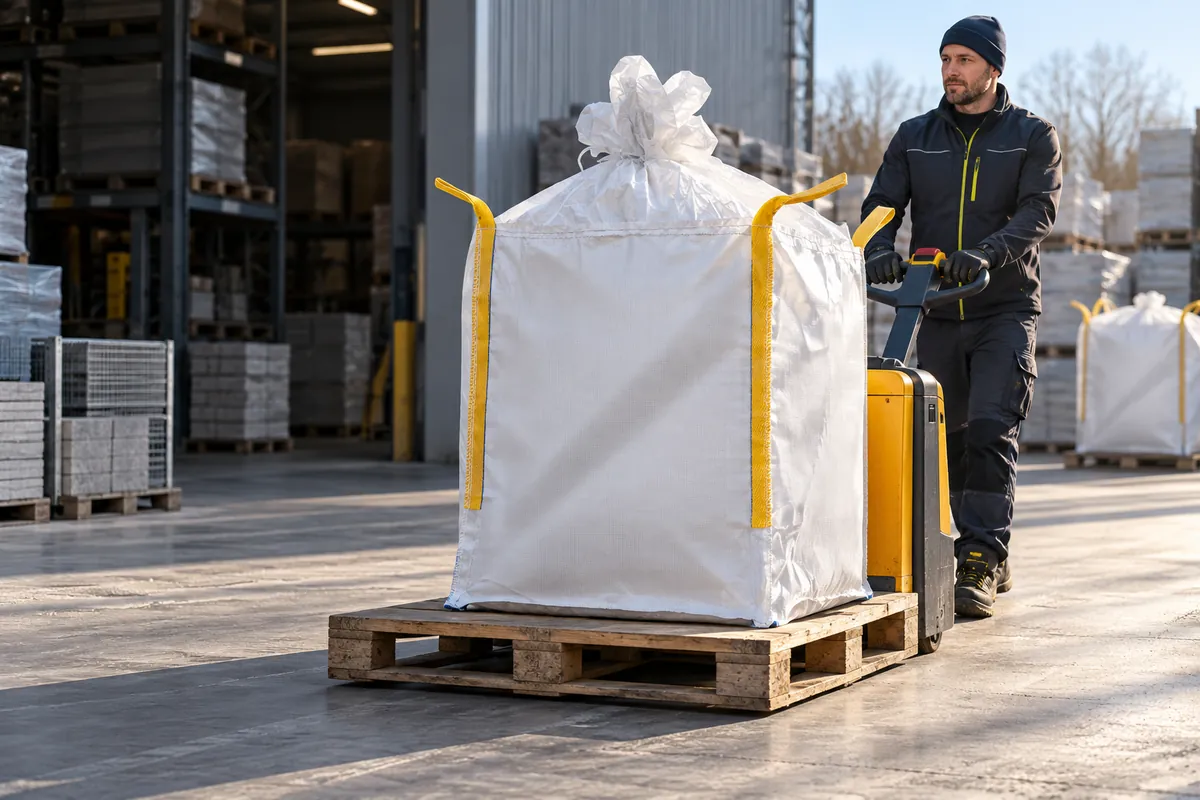 Een gevulde big bag wordt op een pallet over een bouwmaterialenterrein verplaatst (met AI bewerkte afbeelding)