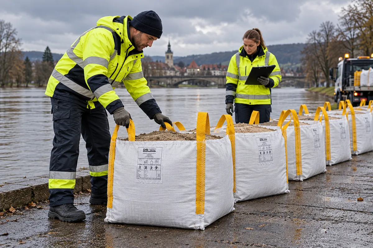 Hulpverleners maken gevulde compacte big bags klaar als beschermende barrière (met AI bewerkte afbeelding)