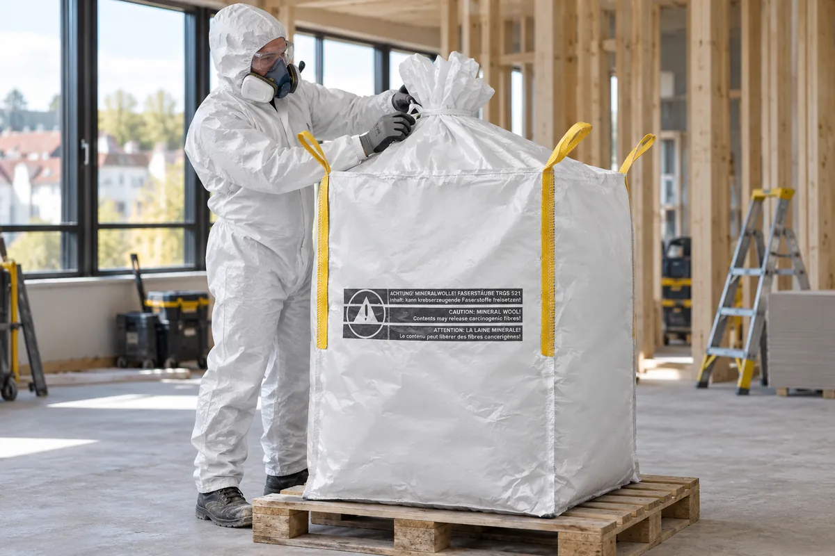 Een gesloten big bag voor minerale wol wordt in een ontmantelingszone gecontroleerd (met AI bewerkte afbeelding)