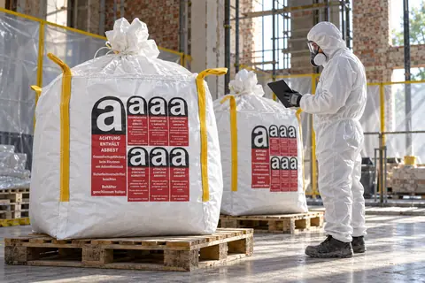 Gesloten, gemarkeerde big bags worden op de saneringslocatie gecontroleerd (met AI bewerkte afbeelding)