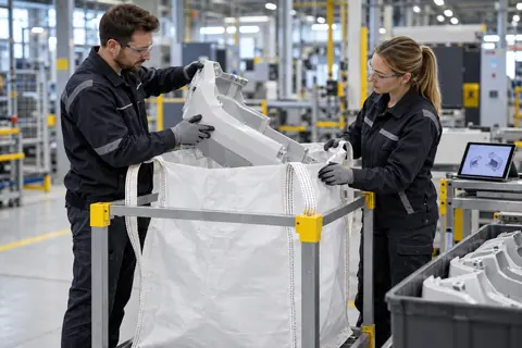 Specialisten controleren een verpakkingsmonster voor lichte technische onderdelen (met AI bewerkte afbeelding)