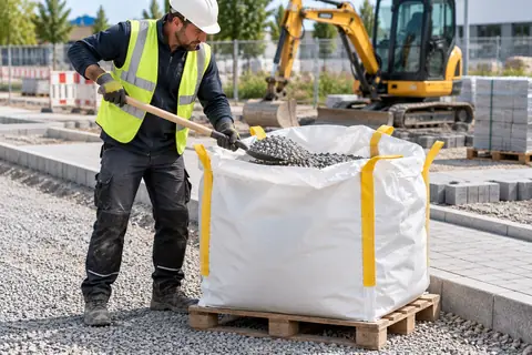 Bouwvakker haalt grind uit een neergezette big bag (met AI bewerkte afbeelding)