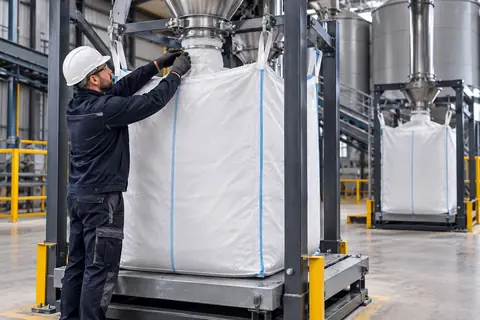 Speciale big bags worden in een bouwmaterialenhal klaargemaakt voor het vullen (met AI bewerkte afbeelding)
