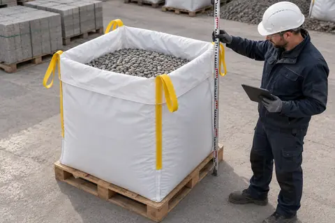 Een medewerker meet de vulhoogte aan een neergezette big bag (met AI bewerkte afbeelding)